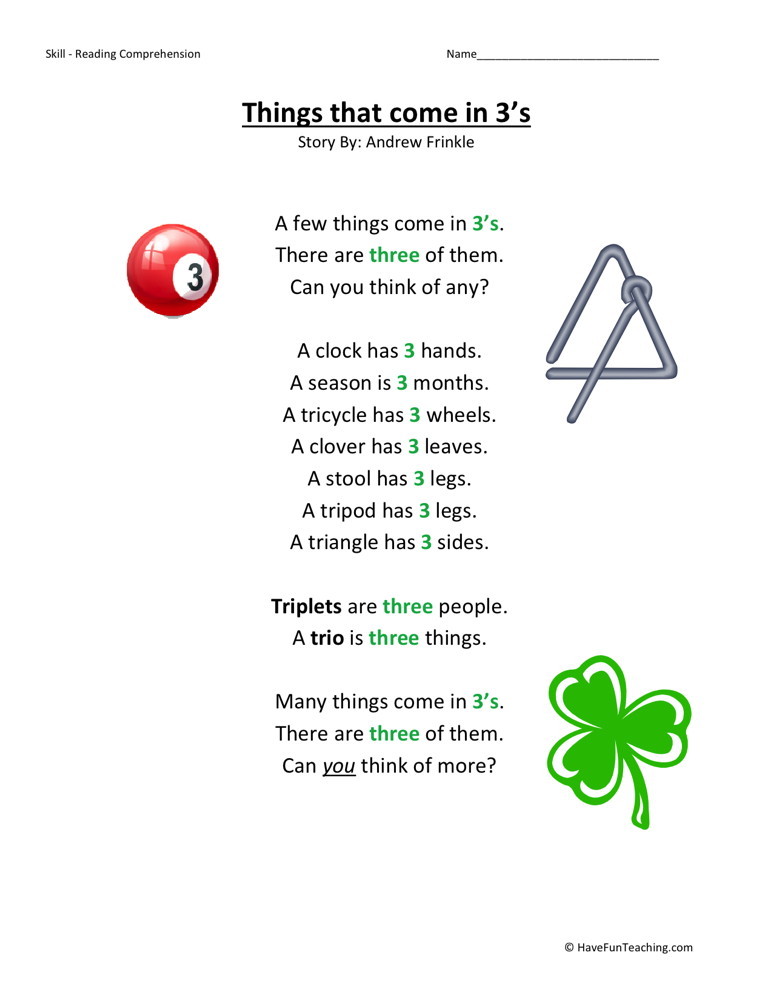 Reading Comprehension Worksheet Things That Come In 3s