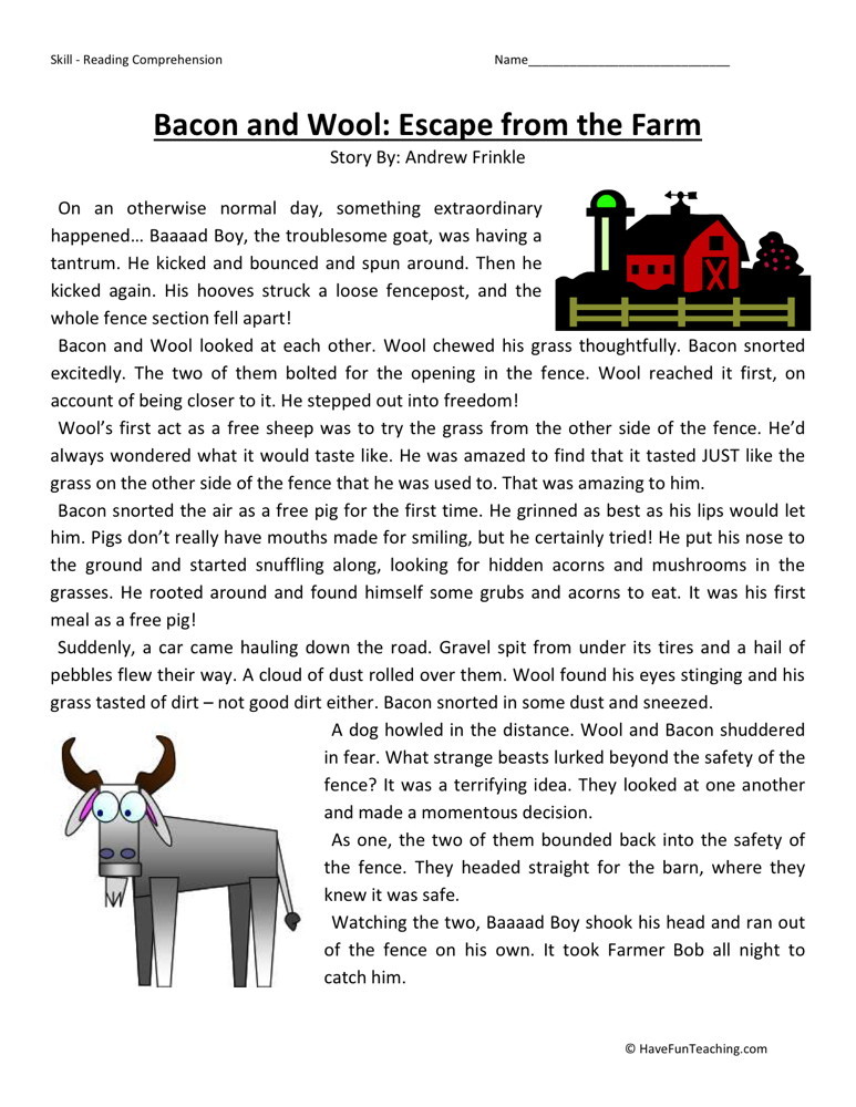 Reading Comprehension Worksheet - Bacon and Wool: Escape ...