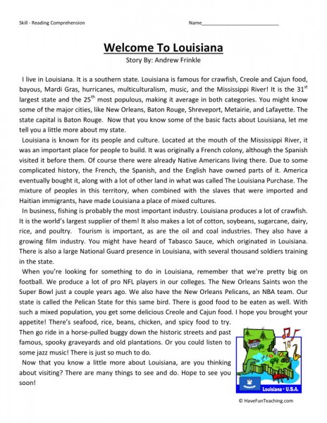 Reading Comprehension Worksheet - Welcome to Louisiana