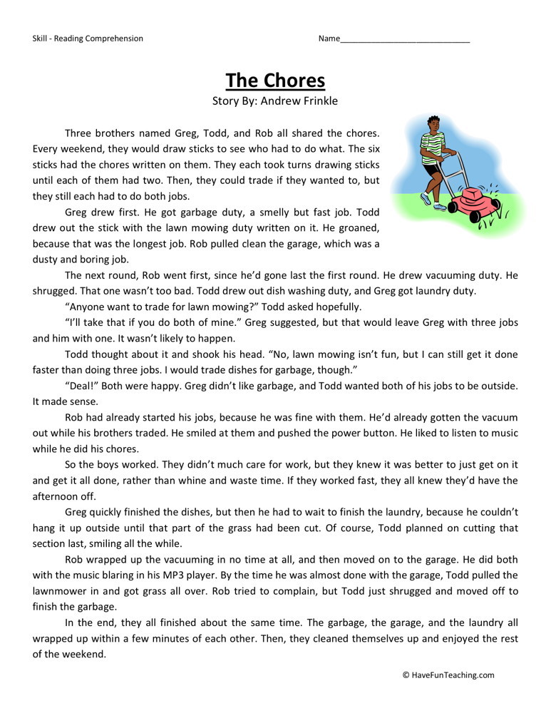 Reading Comprehension Worksheet - The Chores