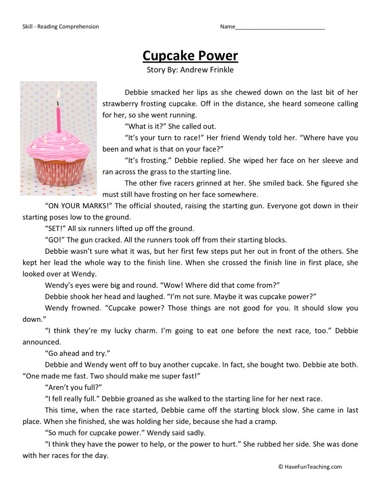 Reading Comprehension Worksheet - Cupcake Power