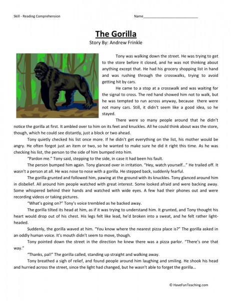 Reading Comprehension Worksheet - The Gorilla