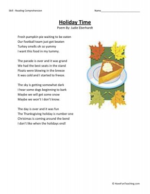 Reading Comprehension Worksheet - Holiday Time