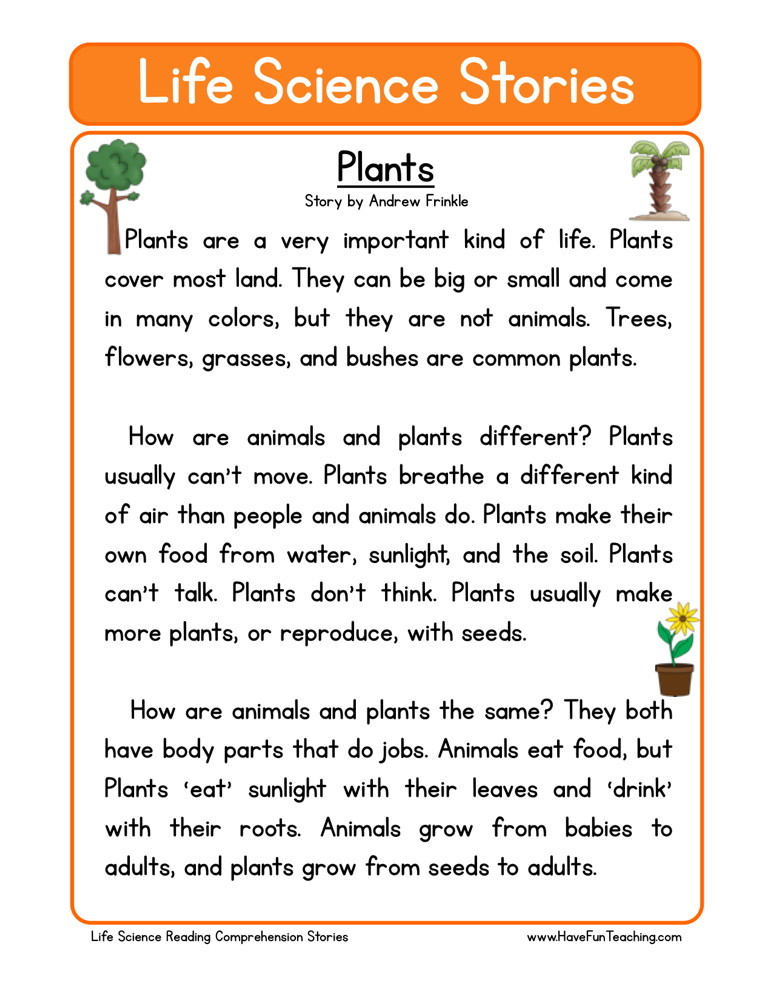 free life science reading comprehension plants