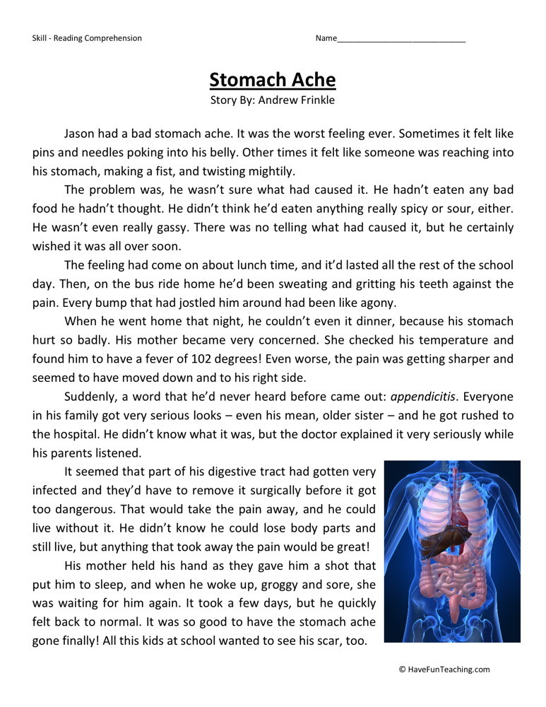 Reading Comprehension Worksheet - Stomach Ache