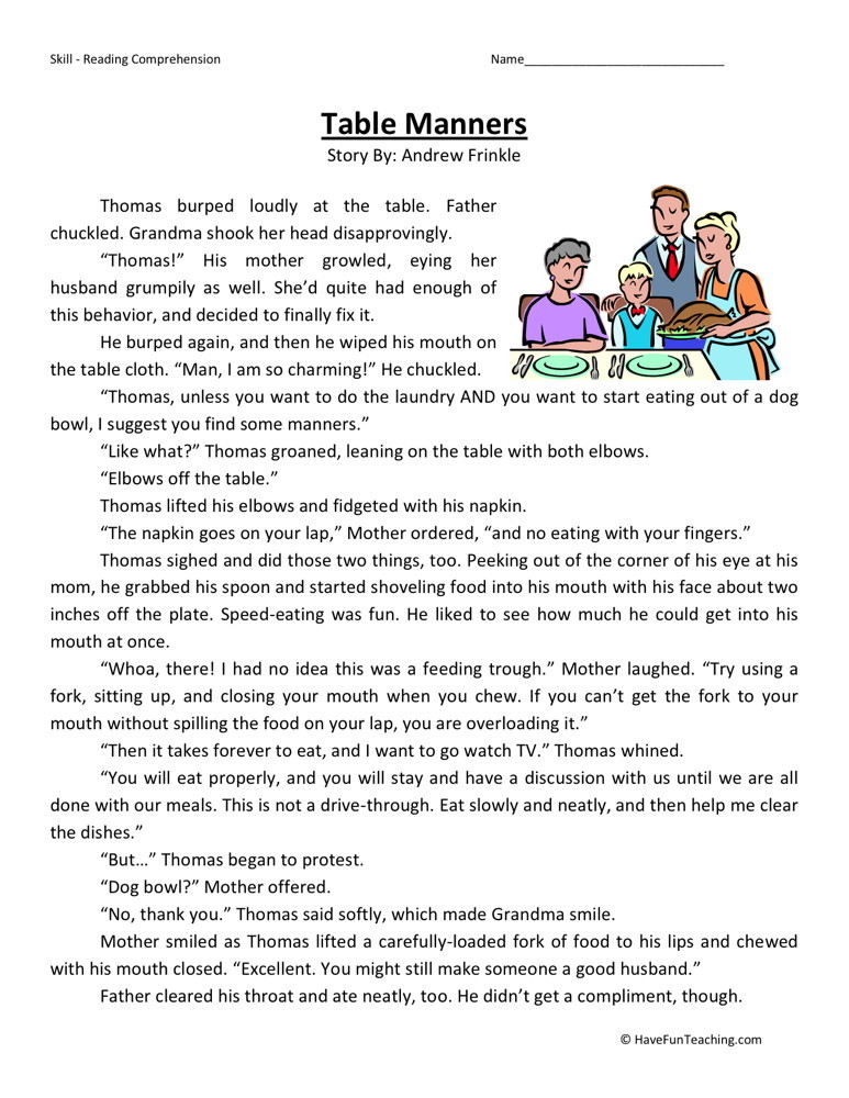 Reading Comprehension Worksheet - Table Manners
