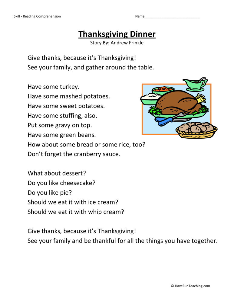 Reading Comprehension Worksheet - Thanksgiving Dinner - Thanksgiving Activities For Kids 2nd Grade Printables