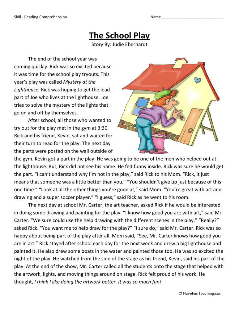 Reading Comprehension Worksheet - The School Play