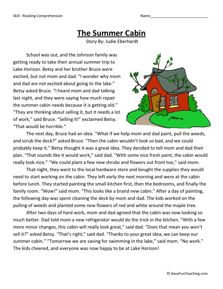 Reading Comprehension Worksheet - The Summer Cabin