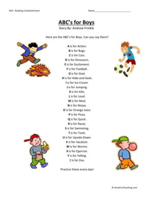 Reading Comprehension Worksheet - ABC's for Boys