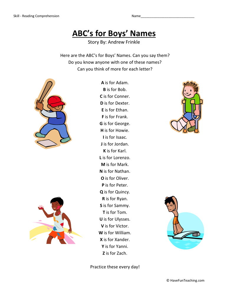 Reading Comprehension Worksheet - ABC's for Boys' Names