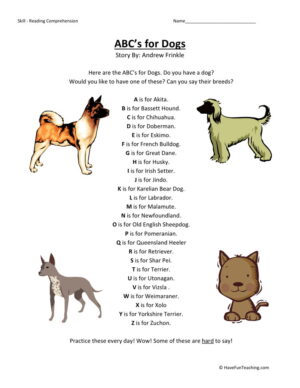 Reading Comprehension Worksheet - ABC's for Dogs