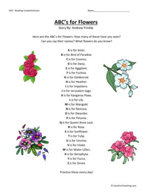 Reading Comprehension Worksheet - ABC's for Flowers