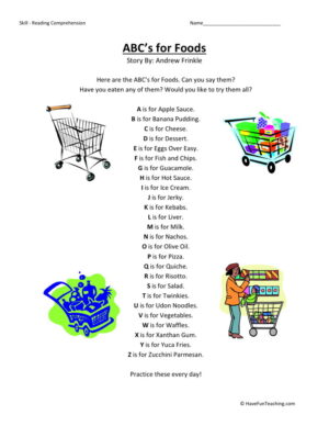 Reading Comprehension Worksheet - ABC's for Food