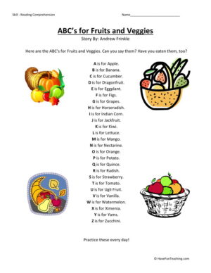 Reading Comprehension Worksheet - ABC's for Fruits and Veggies