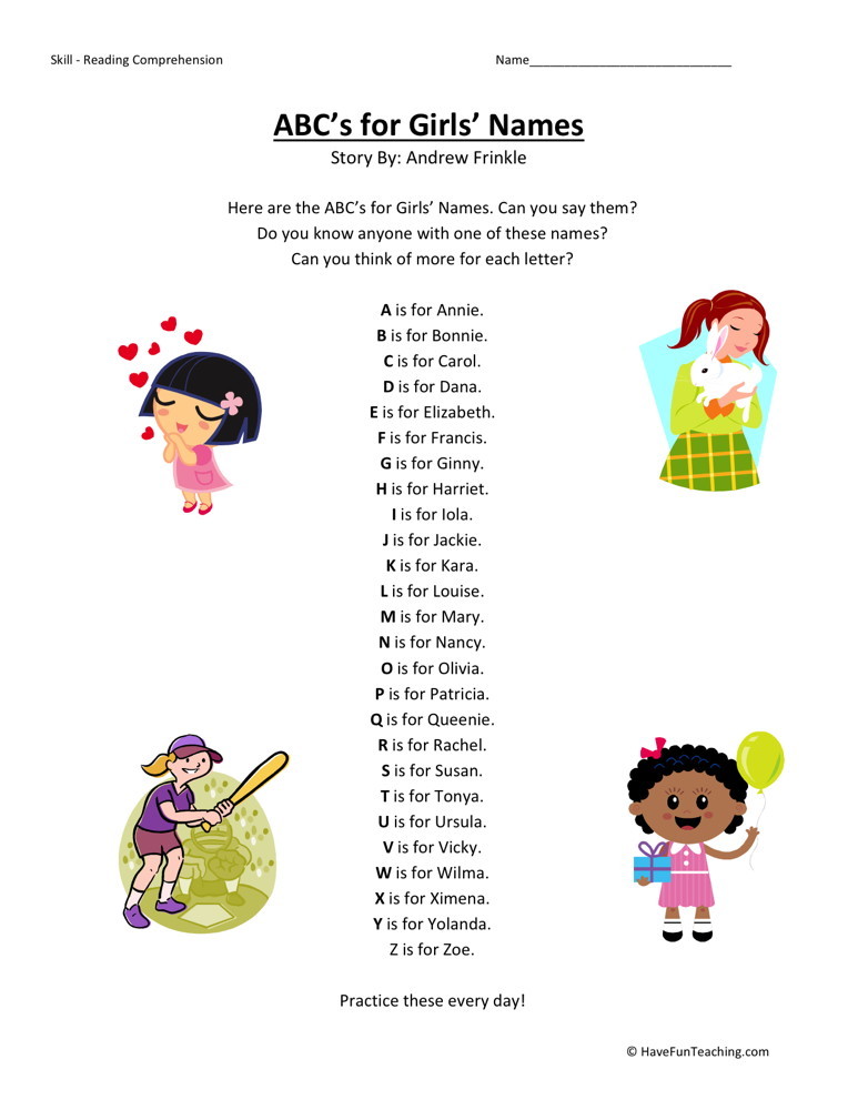 Reading Comprehension Worksheet - ABC's for Girls' Names