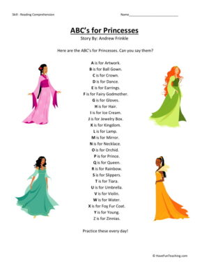 Reading Comprehension Worksheet - ABC's for Princesses
