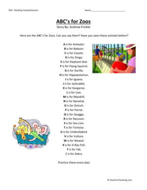 Reading Comprehension Worksheet - ABC's for Zoos