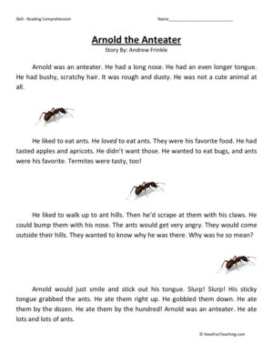 Reading Comprehension Worksheet - Arnold the Anteater