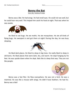 Reading Comprehension Worksheet - Benny the Bat
