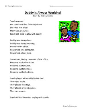 Reading Comprehension Worksheet - Daddy is Always Working