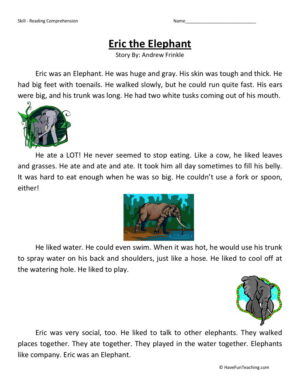 Reading Comprehension Worksheet - Eric the Elephant