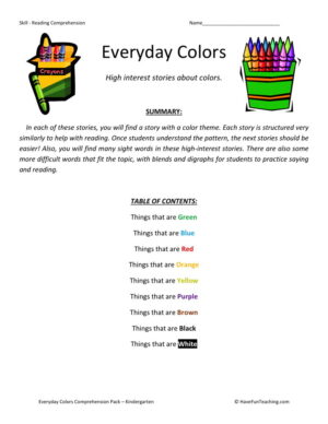 Reading Comprehension Worksheet - Everyday Colors Collection