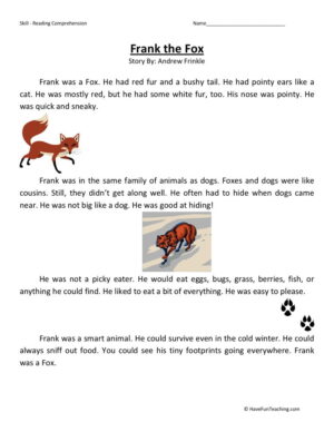 Reading Comprehension Worksheet - Frank the Fox