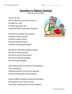 Reading Comprehension Worksheet - Grandma is Always Sewing