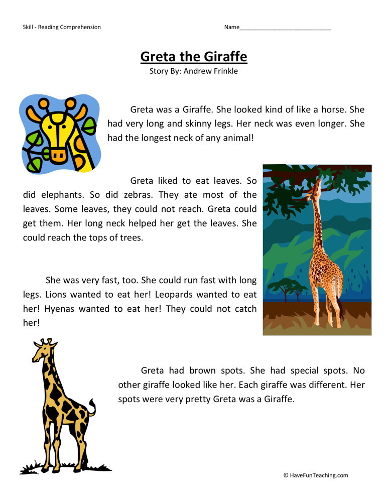Reading Comprehension Worksheet - Greta the Giraffe