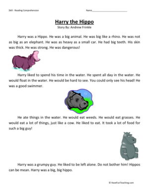 Reading Comprehension Worksheet - Harry the Hippo