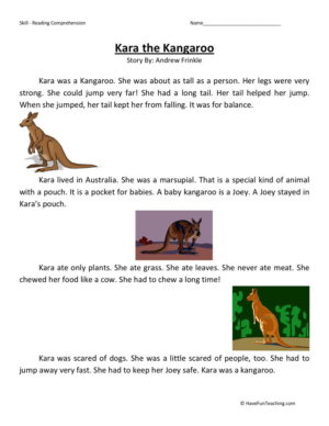 Reading Comprehension Worksheet - Kara the Kangaroo