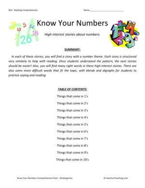 Reading Comprehension Worksheet - Know Your Numbers Collection