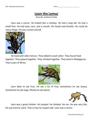Reading Comprehension Worksheet - Leon the Lemur