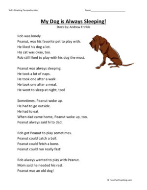 Reading Comprehension Worksheet - My Dog is Always Sleeping