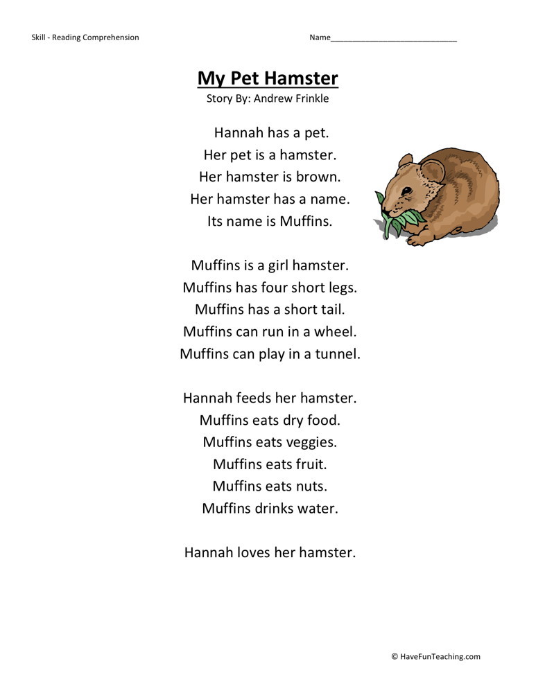 Reading Comprehension Worksheet - My Pet Hamster