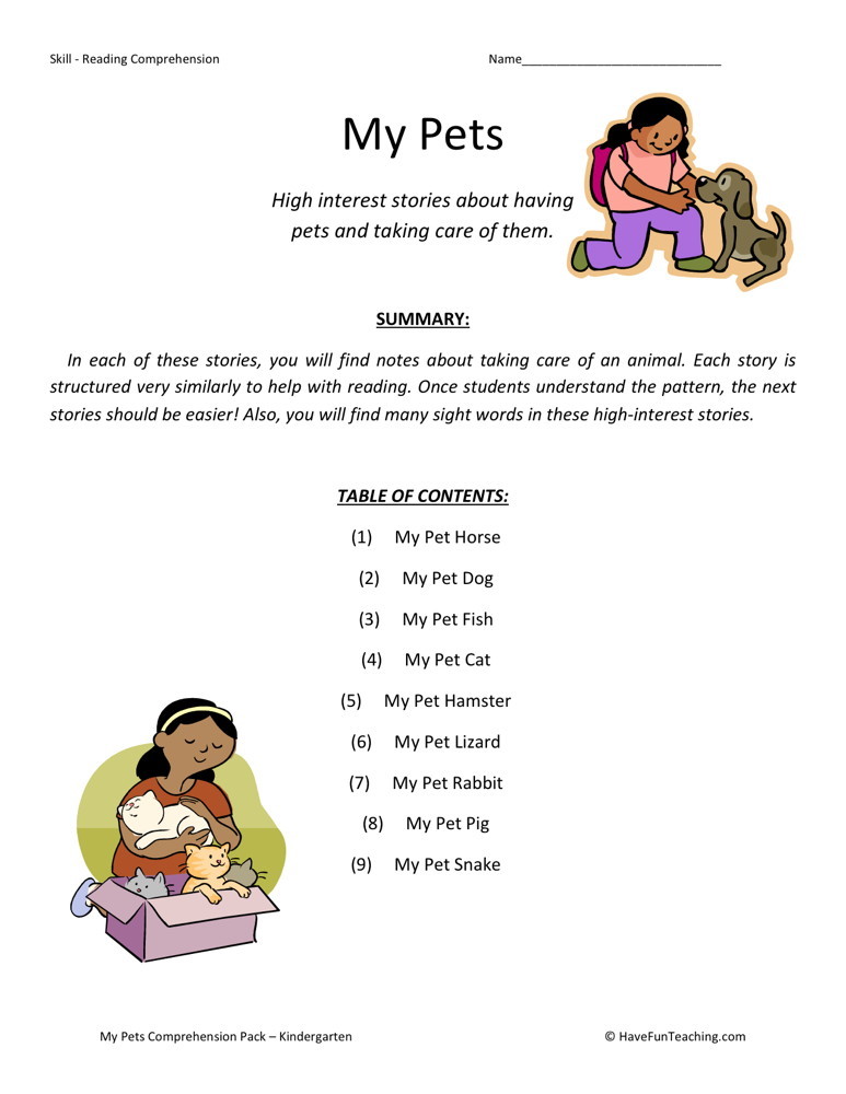 Reading Comprehension Worksheet - My Pets Collection
