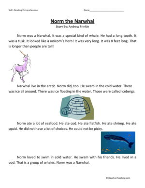 Reading Comprehension Worksheet - Norm the Narwhal