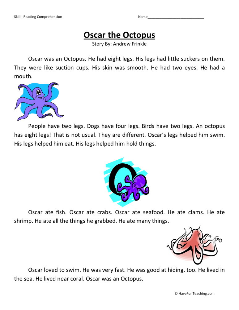 Reading Comprehension Worksheet - Oscar the Octopus
