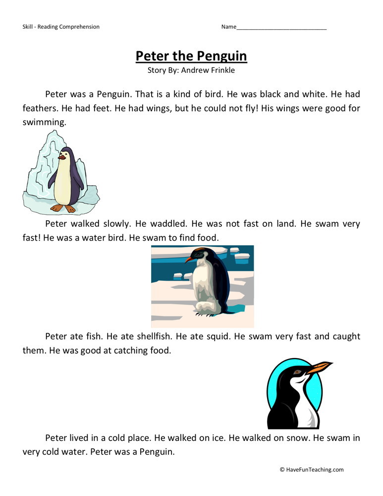 Reading Comprehension Worksheet - Peter the Penguin