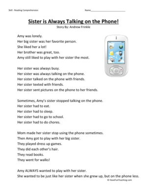 Reading Comprehension Worksheet - Sister is Always Talking on the Phone