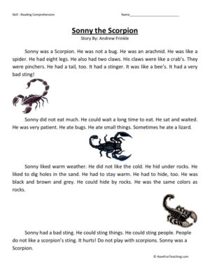 Reading Comprehension Worksheet - Sonny the Scorpion