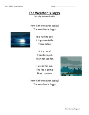 Reading Comprehension Worksheet - Weather is Foggy