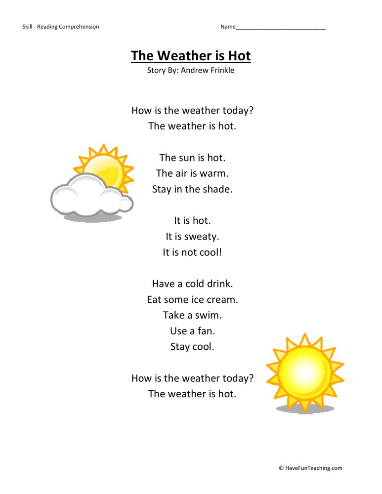 Reading Comprehension Worksheet - Weather is Hot
