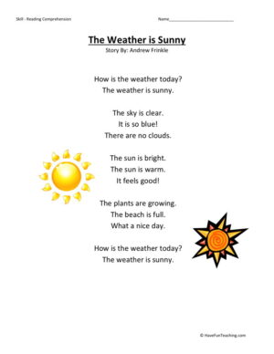 Reading Comprehension Worksheet - Weather is Sunny