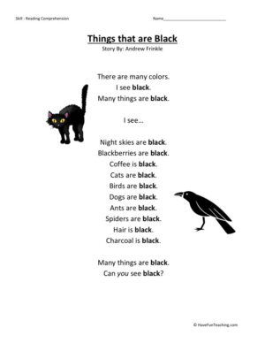 Reading Comprehension Worksheet - Things That Are Black