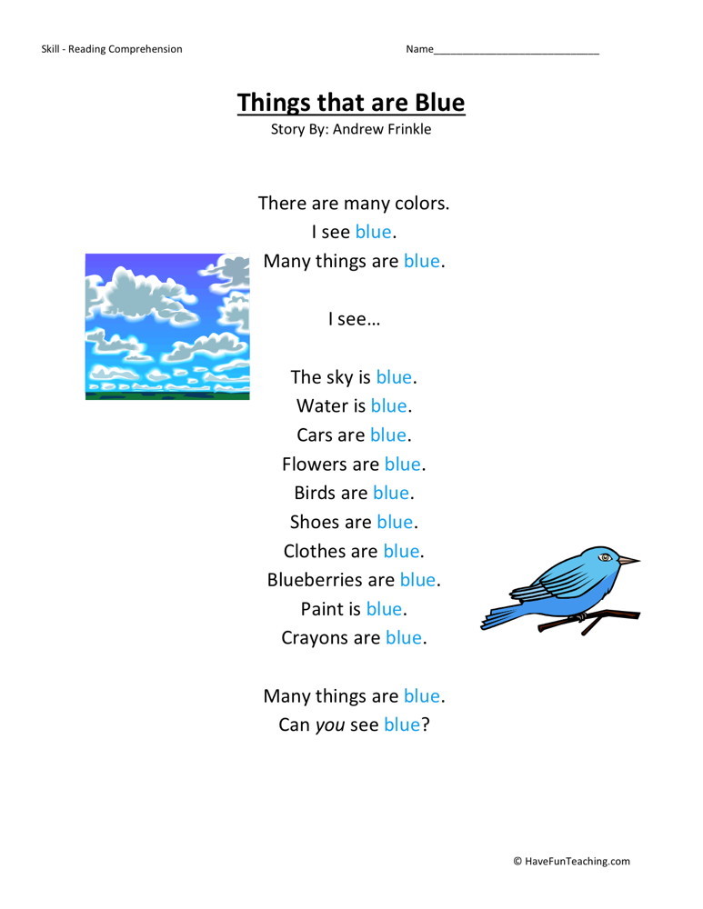 Reading Comprehension Worksheet - Things That Are Blue