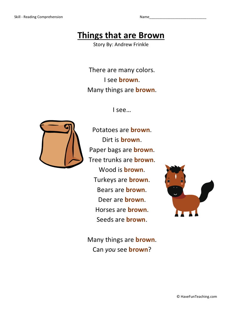 Reading Comprehension Worksheet - Things That Are Brown
