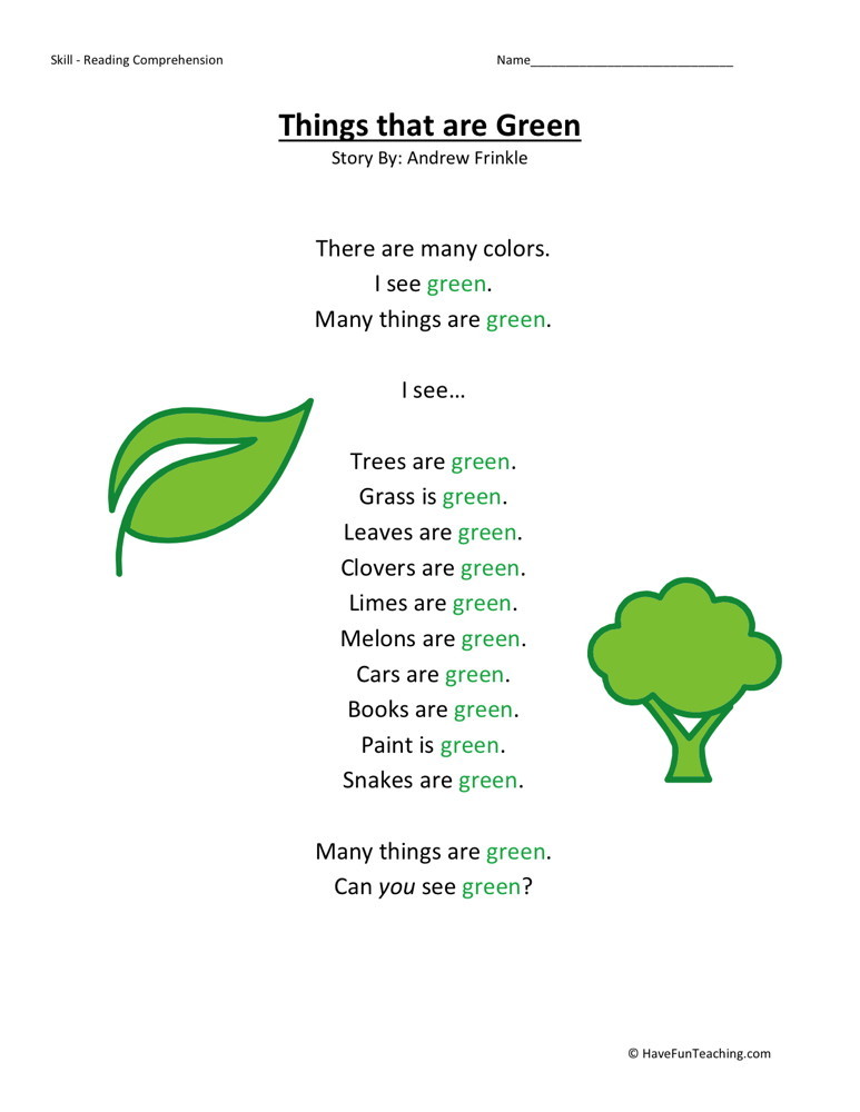 Reading Comprehension Worksheet - Things That Are GreenReading Comprehension Worksheet - Things That Are Green