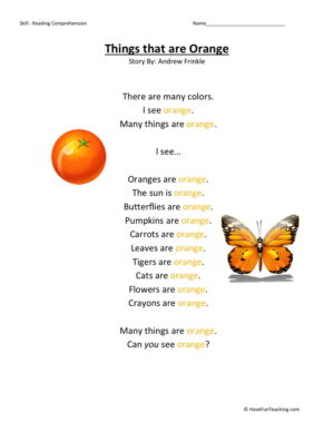 Reading Comprehension Worksheet - Things That Are Orange